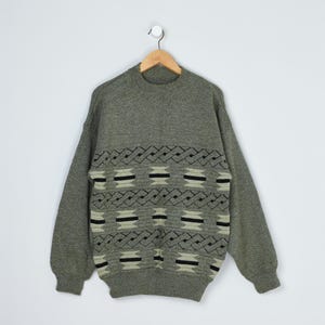Vintage 90s Olive & Black Textured Knit Sweater - nineties, marled, pullover, crewneck, green, beige - Men&#39;s L