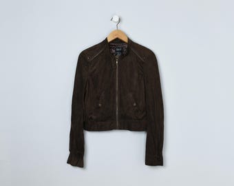 Vintage Y2k Brown Sueded Cropped Jacket - "Taxi" - 2000s clothing, satiny lining, indie sleaze - Women's M