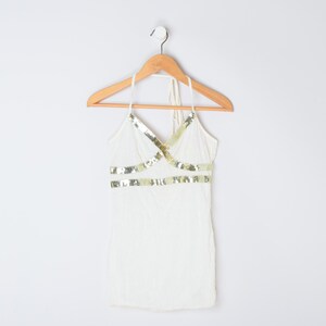 Vintage y2k Sequined Tied Halter Top - tie-up halter & tie in the back - 2000s clothing, gold, cream, made in usa - Women&#39;s M