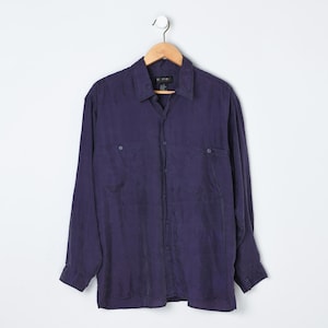 Camisa vintage de seda morada oscura de los años 90 con botones - "Surpirse" - Talla M para hombre