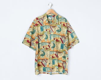 Camisa hawaiana vintage de los 90 "Golf Rules" - "Campia Moda" - golf, manga corta, abotonada, colores "toscano empolvado" - Talla XXL para hombre