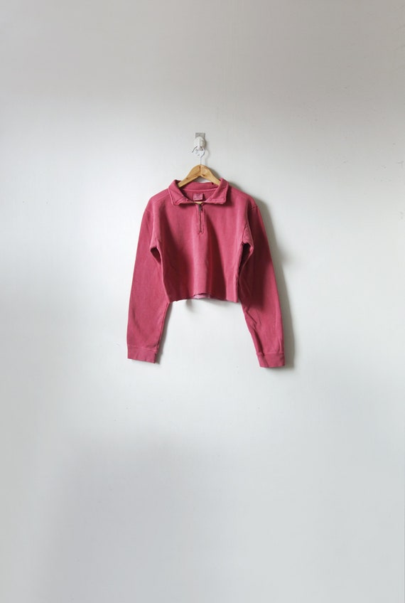 90s Faded Red Zip Collar Cropped Sweatshirt - 90s
