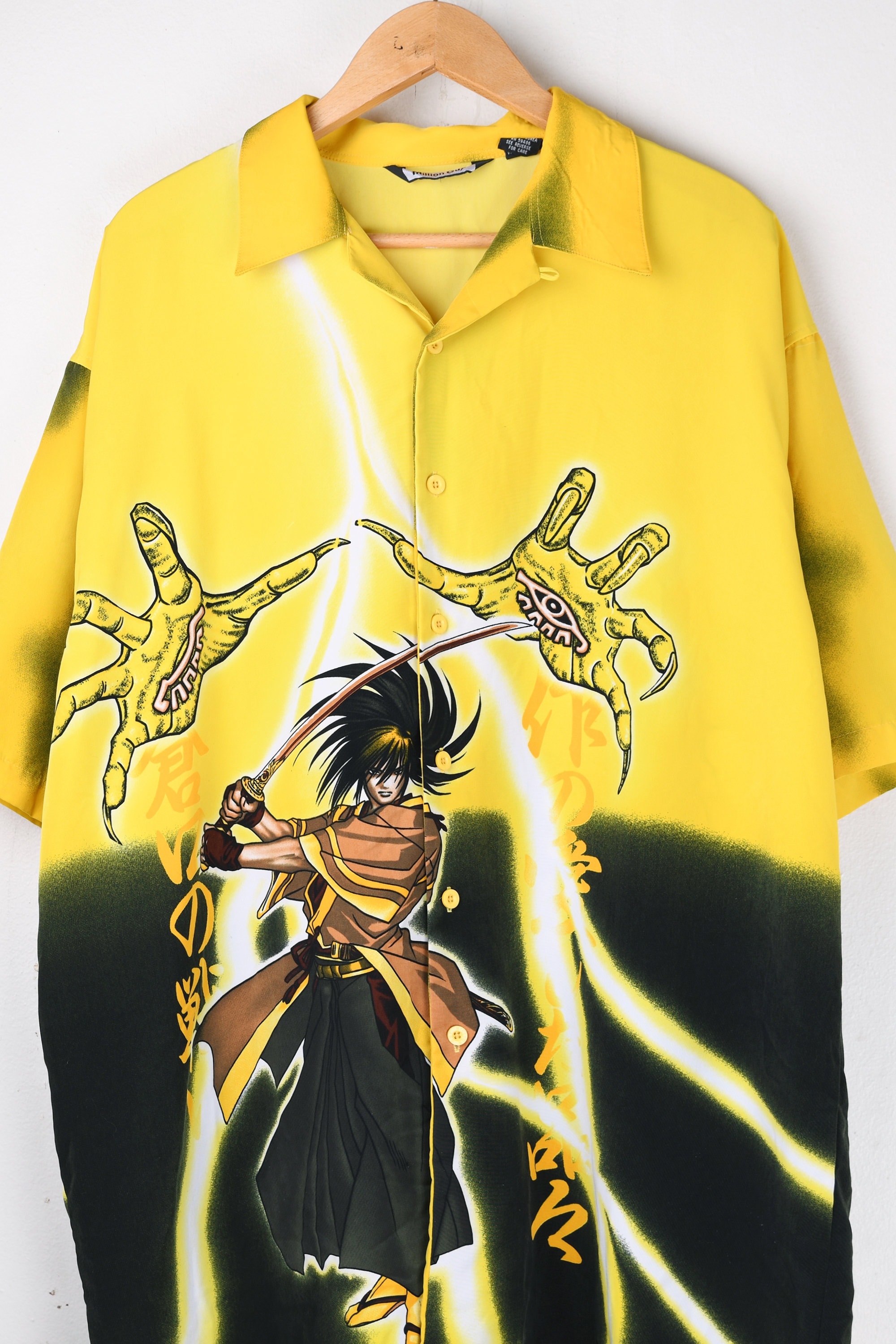 Y2k Yellow & Black Anime Graphic Short-sleeve Button-down