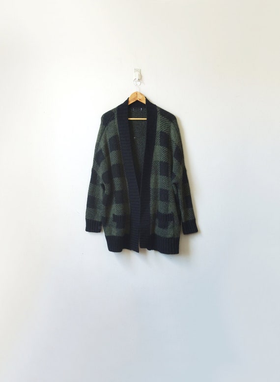 90s Black & Green Plaid Cardigan - Vintage Cardiga