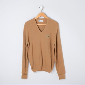 90s Izod Lacoste Tan V-Neck Sweater – Orlon Knit, Preppy Vintage Sweater, Hipster, Indie - M