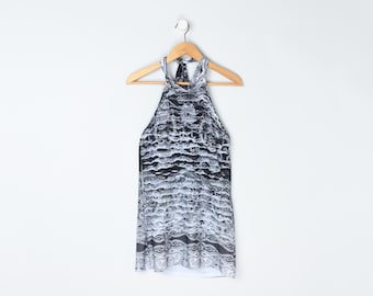 Vintage Y2k Black & White Printed Burnout Halter Mini Dress - 2000s clothing, made in usa - Women's XL