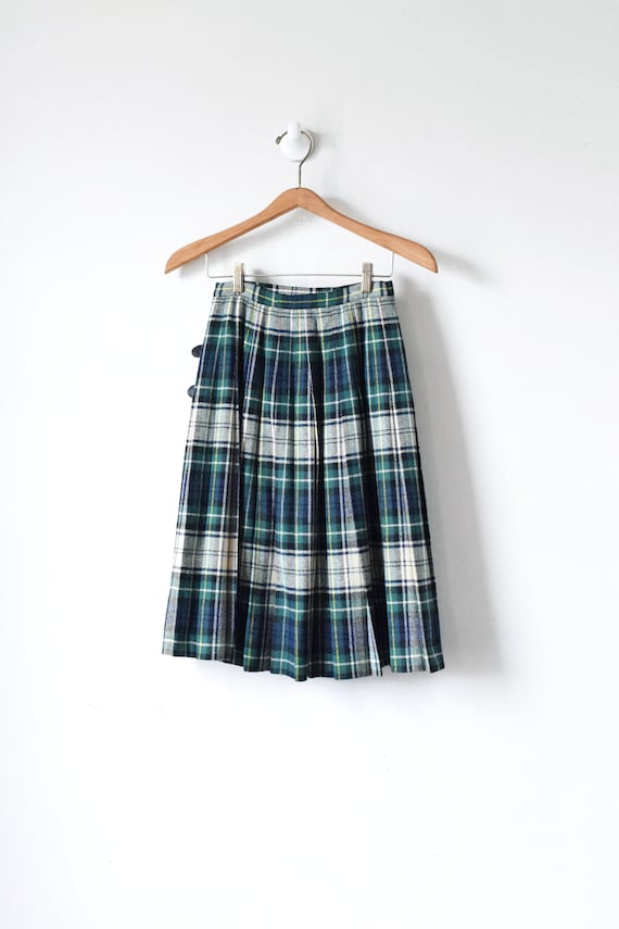 23"W // 50s Plaid Pleated Wrap Skirt - Green, Whi… - image 4