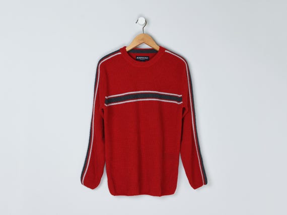 Vintage Y2k Red & Gray Striped Sweater - 2000s, Skater