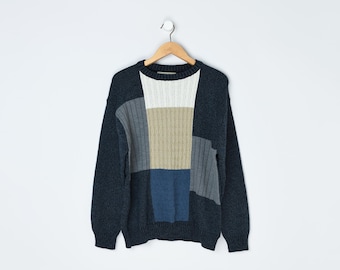 Vintage 90s Colorblock Cable Knit Sweater - dark colors, oversized, pullover - Men's L