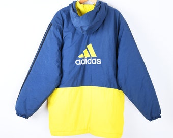 90s Adidas Blue Yellow Hooded Puffer Jacket vintage, streetwear,  athletic
