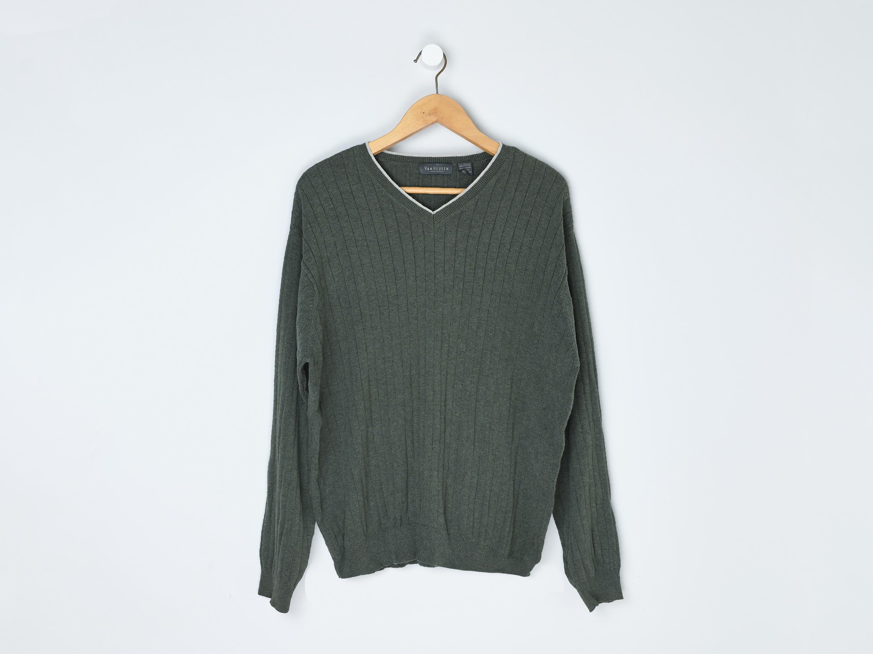 Vintage Y2k Moss Green Bar-knit V-neck Sweater - 2000s Clothing