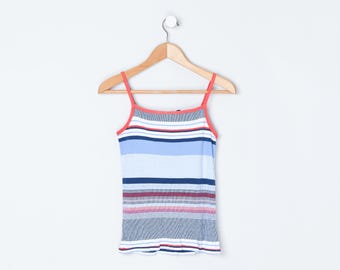 Camiseta sin mangas vintage de los 90 a rayas rojas y azules - "Zado" - básicos, tirantes finos, ribete - Talla S de mujer
