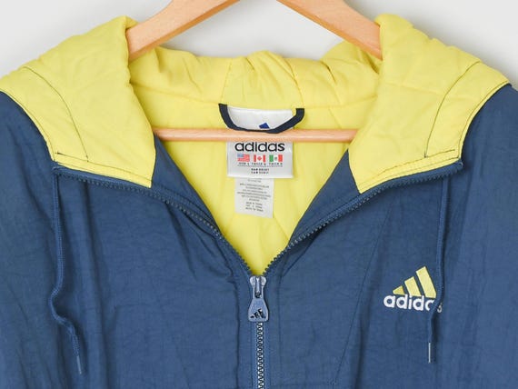 Vintage 90s Adidas Blue & Yellow Hooded Puffer Jacket - Vintage