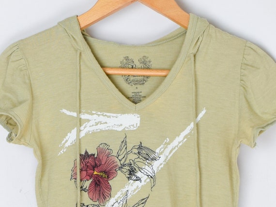 Vintage Y2k Short Sleeve Hooded Top - Olive Green, Flower