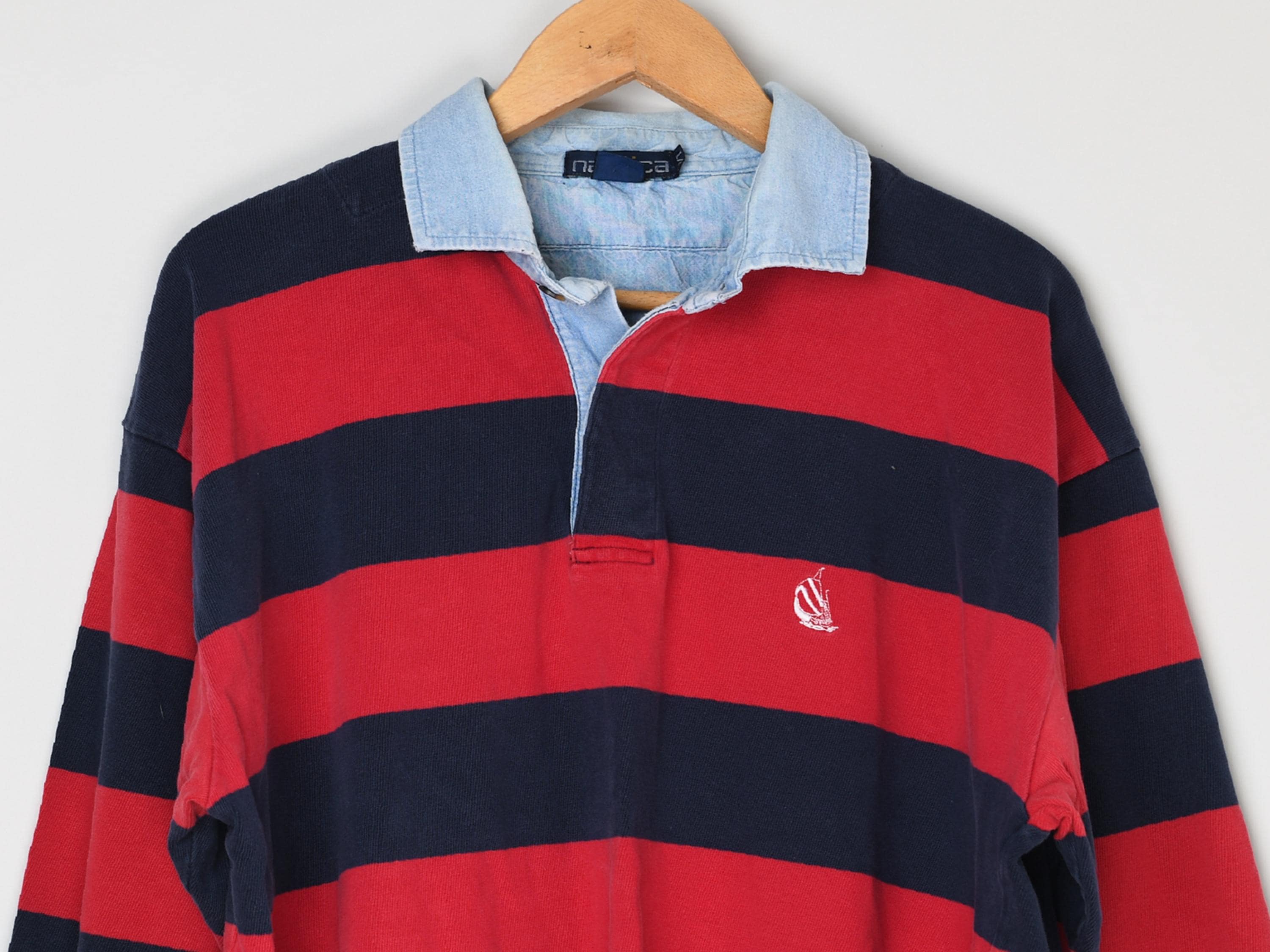 Vintage 90s Nautica Rugby Shirt - 100% Cotton - Red & Navy, Denim