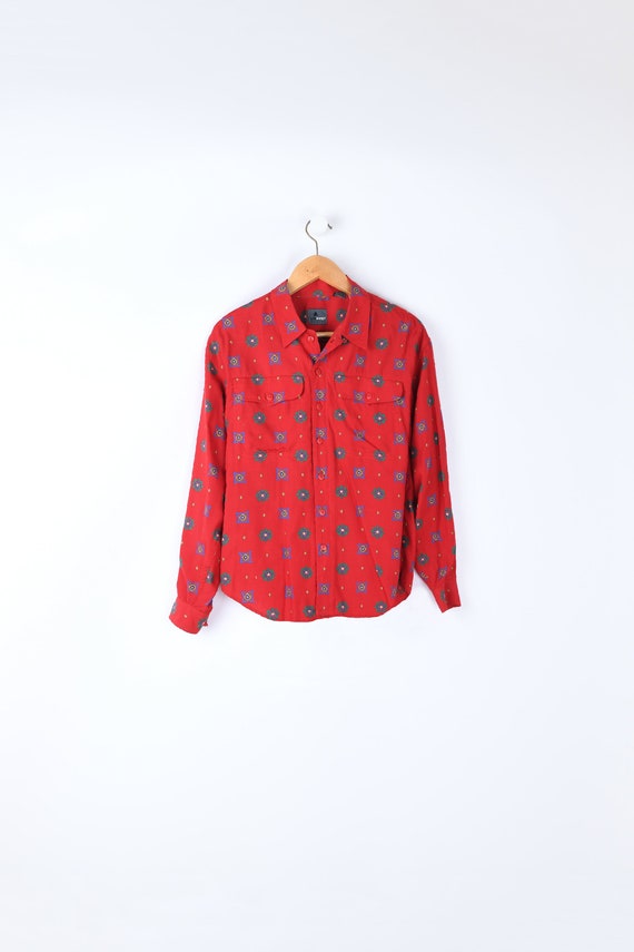 M // 90s Scarlet Red Patterned Button-up Shirt - v