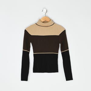 Vintage Y2k Tan Colorblock Ribbed Knit Turtleneck - &quot;Mandee&quot; - made in usa, 2000s clothes - Women&#39;s S
