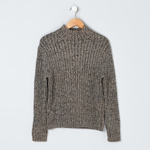 May include: A long-sleeve sweater featuring a mock neck collar and a vertical ribbed knit pattern. The garment is crafted from a multi-tonal yarn blend, displaying a mix of dark brown, black, and tan fibers that create a textured, heathered appearance.