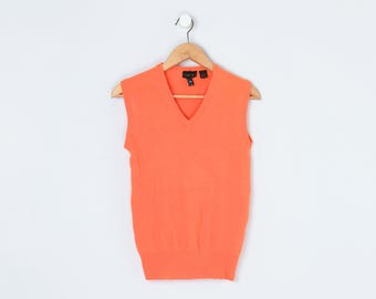 ヴィンテージ90年代ネオンラムウールセーターベスト - 「タクシー」 - オレンジ、鮮やかなVネック、フィット感のあるデザイン - レディースLサイズ