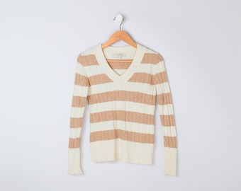 Vintage Y2k Tan & Cream Striped Cable Knit Fitted Sweater - beige, v-neck, 2000s - Women's XS