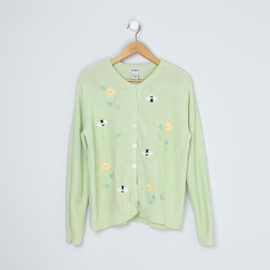 Vintage 90s Bumblebee & Flowers Knit Cardigan - nineties, sweater, pastel, spring - Women&#39;s M