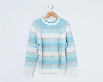 Jersey vintage de los 90 a rayas azul claro - raglán, blanco, rosa coral, extragrande, tonos pastel - Talla M de mujer