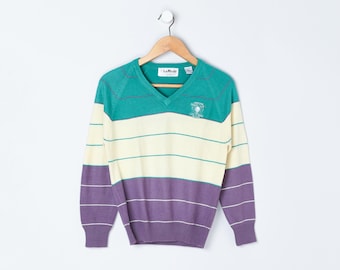 Maglione a righe vintage anni '90 "Tropicana Country Club" - scollo a V, verde acqua, viola, crema, golf - da donna taglia S