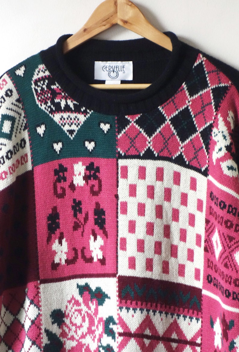 Oversize Sweater 80s Pink /& Purple Flowers and Patterns Sweater Women/'s M Big 80s Sweater