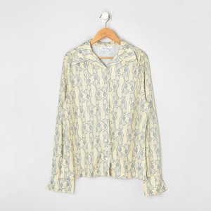 Vintage 70s Thistle Print Cream & Blue Button Down – Floral Print, Prairie, Country - Women's XL