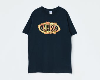 Vintage Y2k NHRA Drag Racing T-Shirt - flame graphic, black tee, 2000s clothing - Men's L