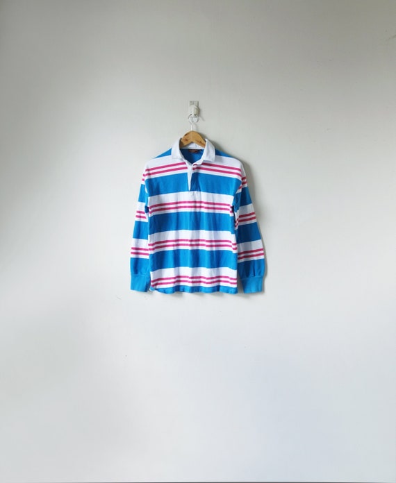 90s Blue & Pink Striped Rugby Shirt - Chaps Ralph