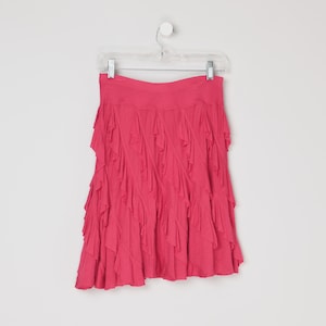 Vintage Y2k Cherry-Pink Ruffled Midi Skirt - low rise, knee length, 2000s clothes - Women's S // 26-30" Waist