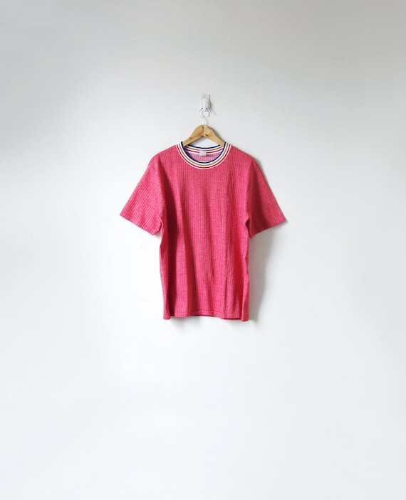 60s / 70s Faded-Red Ribbed T-Shirt with Striped Co