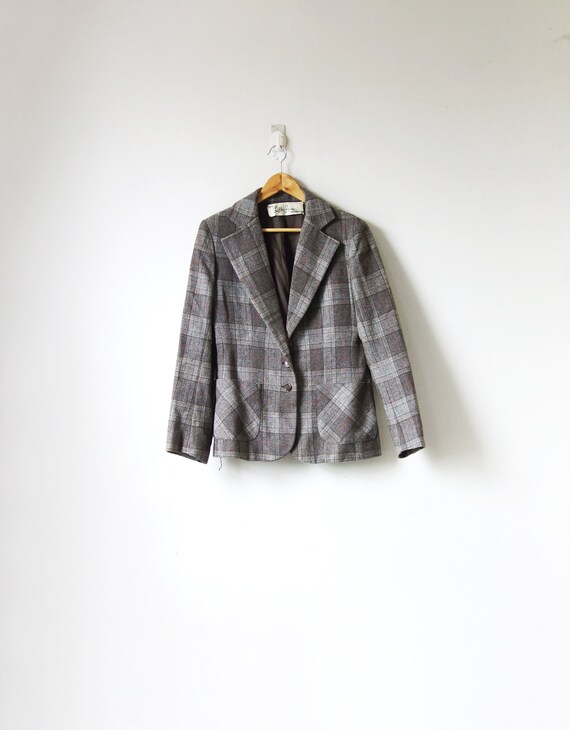 70s Beige & Gray Plaid Wool Blazer - 70s Blazer -