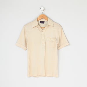 Vintage 70s Shimmery Cream Button-Collar Shirt - seventies, shiny, disco - Men&#39;s S