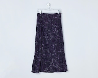 28"B //Vintage jaren 90 donkerpaarse paisley enkellange rok - 'notaties' - maxi, psychedelisch, volledig - damesmaat S // 28" taille
