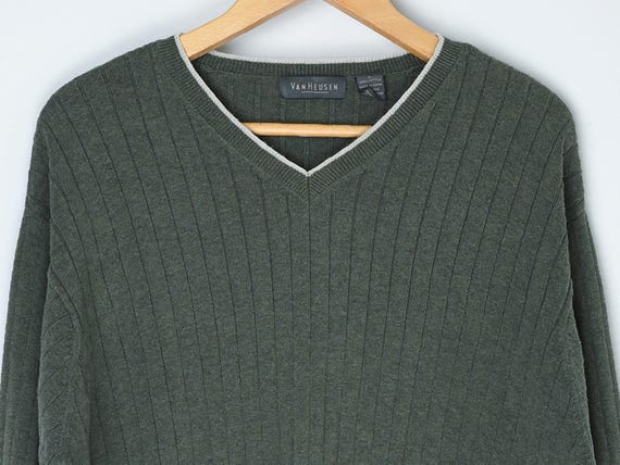 Vintage Y2k Moss Green Bar-knit V-neck Sweater - 2000s Clothing 