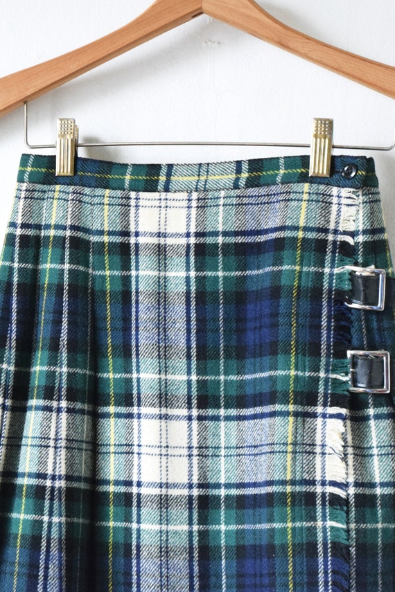 23"W // 50s Plaid Pleated Wrap Skirt - Green, Whi… - image 2