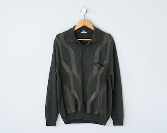 VIntage 90s Patterned Forest-Green Button-Collar Wool Sweater - "Paul Rhodame" - nineties knit pullover - Men's L