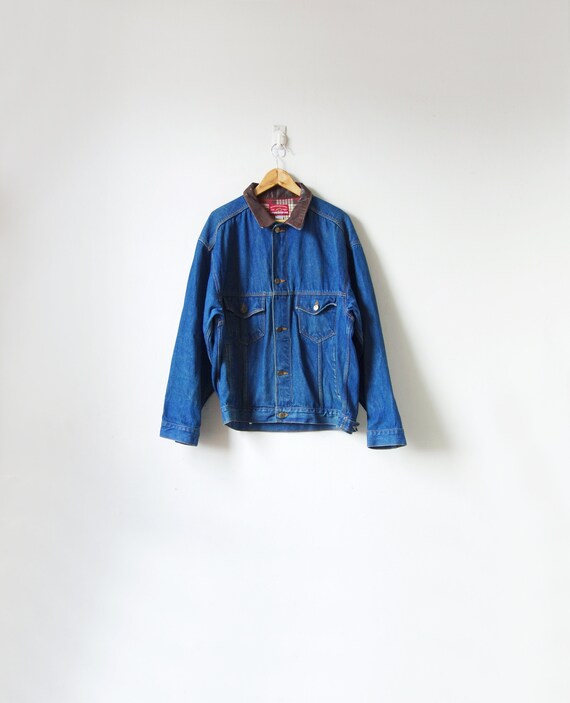90s Leather-Collar Denim Jacket - Vintage Denim Ja