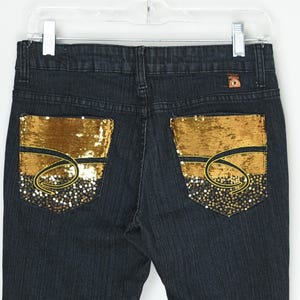 Vintage Y2k Sequined Fitted Black Jeans - &quot;Crest&quot; - 2000s clothing, denim, skinny, gold - Women&#39;s 5/6, 28 waist x 30 inseam