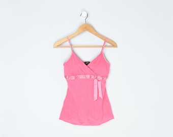 Vintage Y2k Hot Pink Spaghetti Strap Ribbed Tank - 2000s Clothing