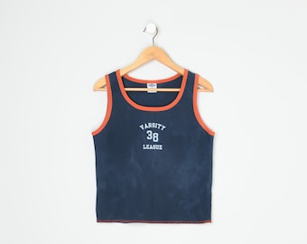 Vintage Y2k Waffle Knit Ringer Tank - oranje, marineblauw, kleding jaren 2000, atletisch, vervaagd, 100% katoen - M dames