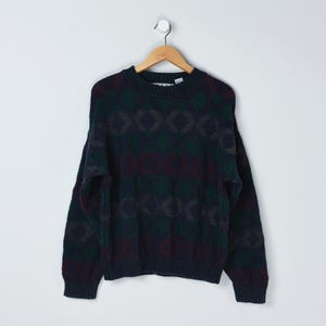 Vintage 90s Patterned Knit Sweater - nineties, crew neck, pullover, navy blue, dark green - Men&#39;s L
