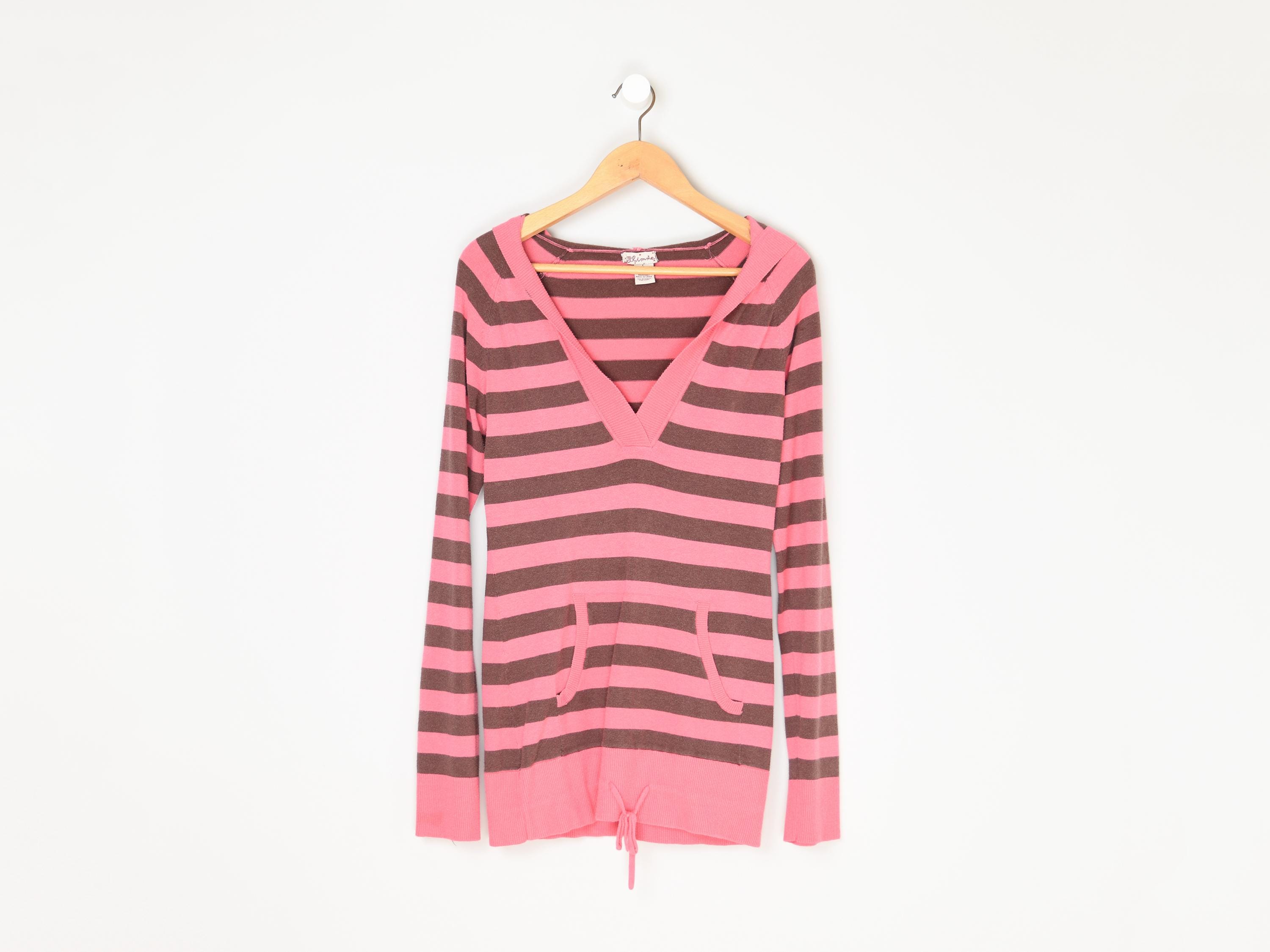 Vintage Y2k Pink & Brown Striped Knit Hoodie - 2000s Clothing