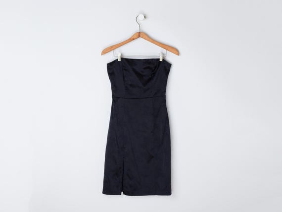 Vintage y2k Velvet-Flocked Black Satin Strapless Mini Dress - 2000s clothing - Women's 3