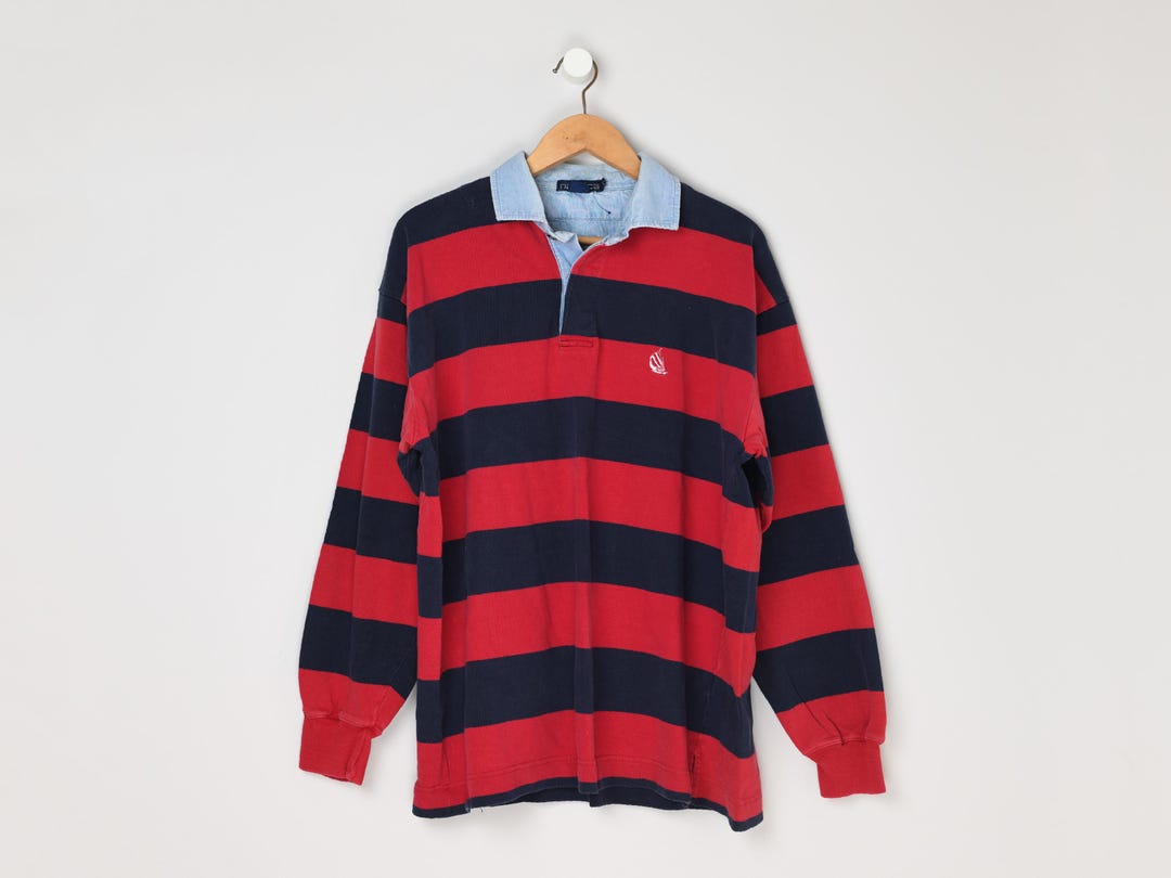 Vintage 90s Nautica Rugby Shirt - 100% Cotton - Red & Navy, Denim