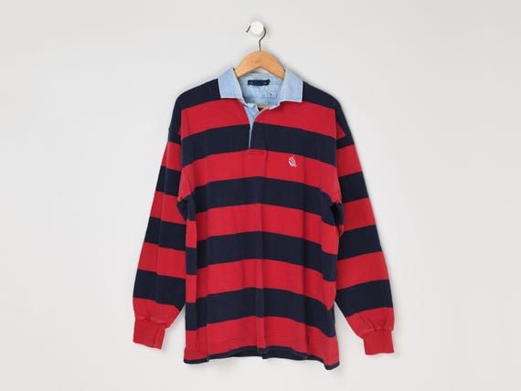 Vintage 90s Nautica Rugby Shirt - 100% Cotton - Red & Navy, Denim