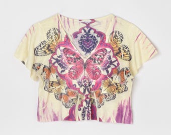 T-shirt corta vintage con stampa a farfalla scintillante Y2k - Abbigliamento anni 2000, top corto, psichedelico, rosa, crema - Donna L