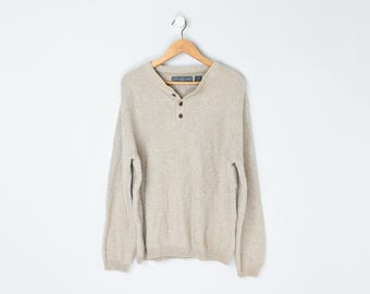 Vintage 90s Oatmeal Marled Button-Collar Camp Sweater - nineties, beige, hiking, oversized - Men's XL